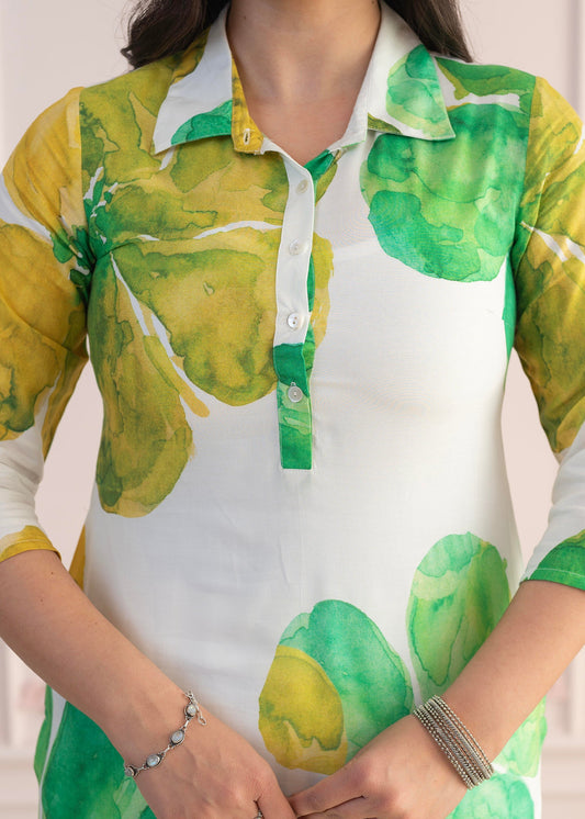 Juniper Green Floral Printed Viscose Kurta with Button Closure - Swadesiicart