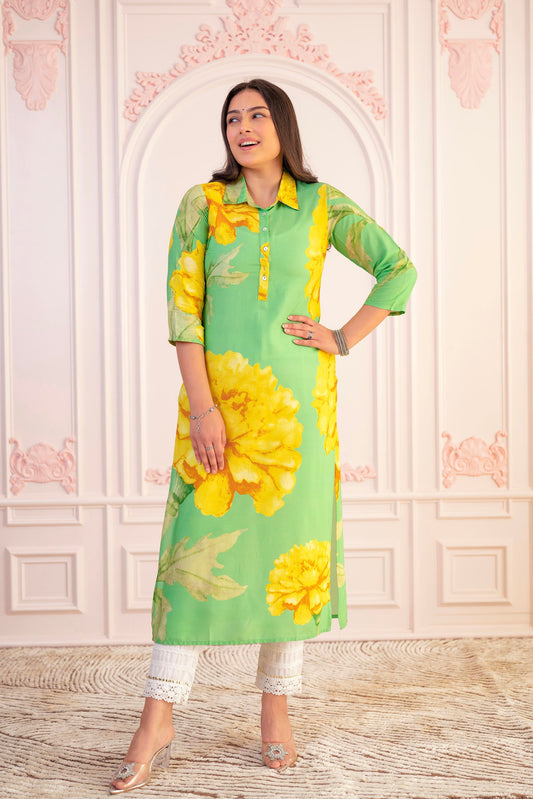 Juniper Green & Yellow Printed Viscose Kurta With Button Details - Swadesiicart