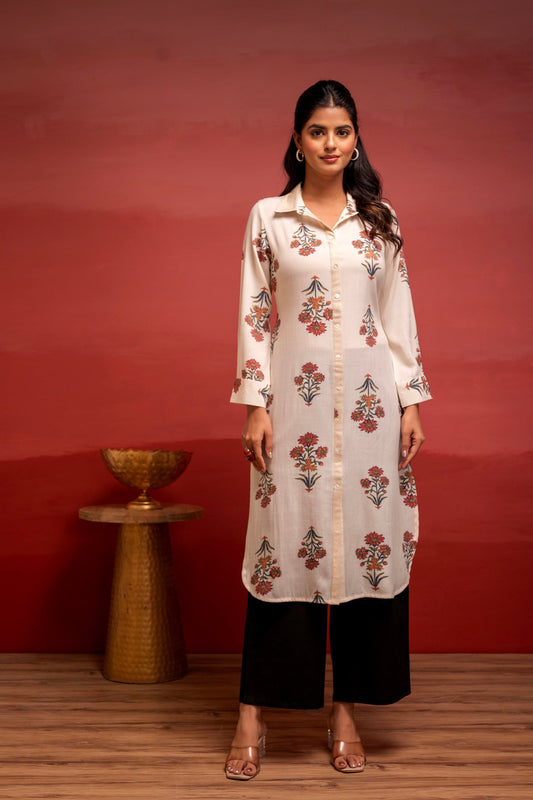 Juniper White Floral Printed Viscose Kurta With Button Detailing - Swadesiicart
