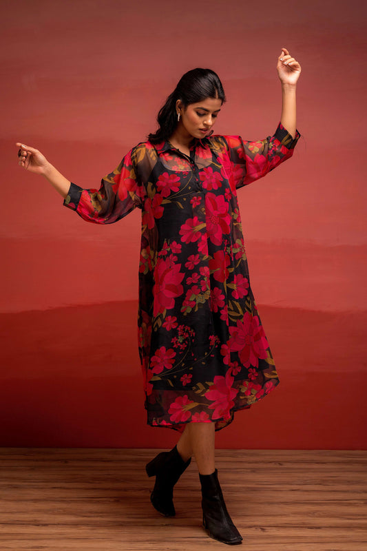 Juniper Black Floral Printed A-Line Kurta With Inner And Button Detailing - Swadesiicart