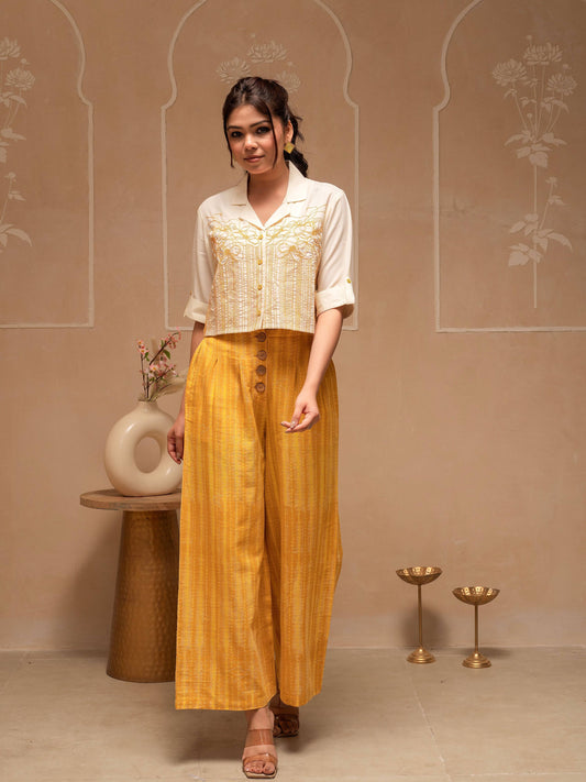 Juniper Off White Mustard Solid Viscose Top And Printed Cotton Pants Co-Ord Set With Thread Work And Buttons - Swadesiicart