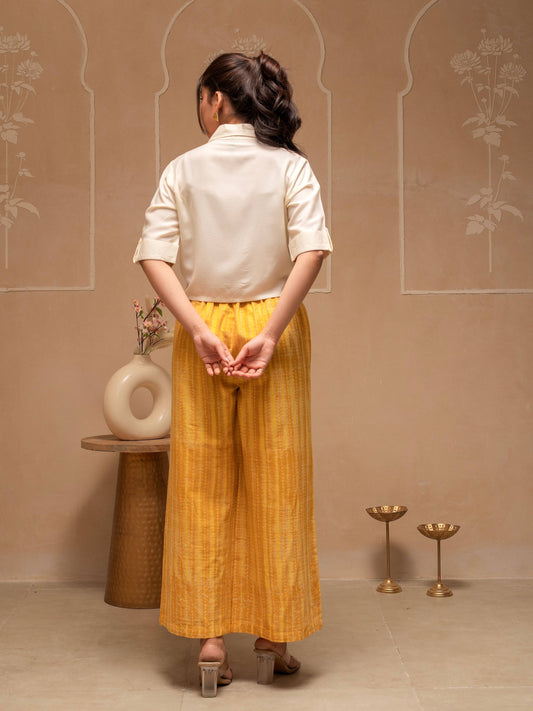Juniper Off White Mustard Solid Viscose Top And Printed Cotton Pants Co-Ord Set With Thread Work And Buttons - Swadesiicart