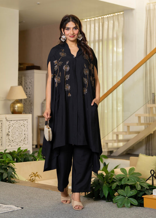 Juniper Black Embroidered Cape Co-Ord Set - Swadesiicart