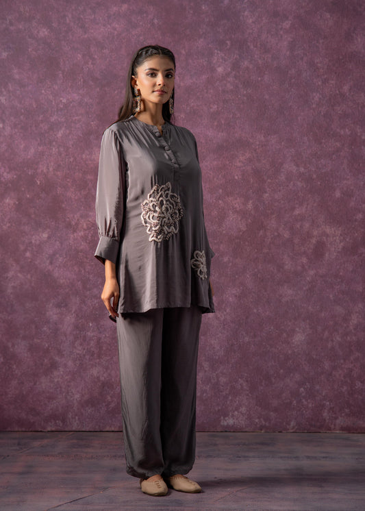 Juniper Viscose Grey Embellished Tunic And Pant Co-Ord Set With Bead Details - Swadesiicart