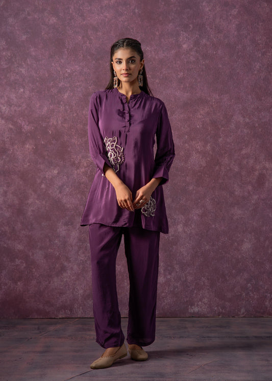Juniper Viscose Purple Embellished Tunic And Pant Co-Ord Set With Bead Details - Swadesiicart