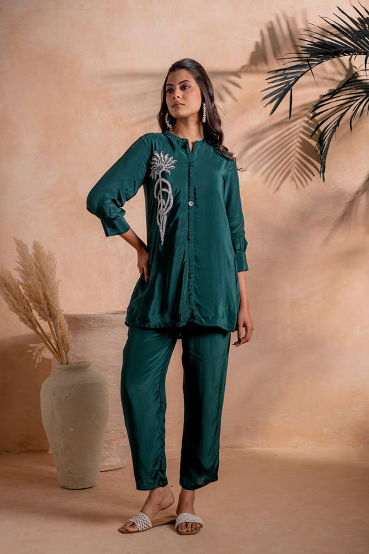 Juniper Bottle Green Embellished Viscose Co-Ord Set With Bead Detailing - Swadesiicart