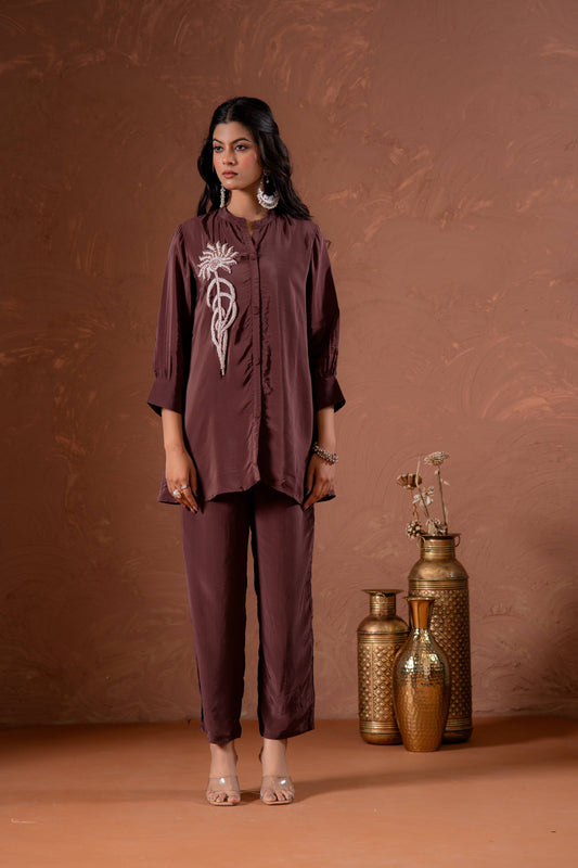 Juniper Coffee Brown Embellished Viscose Co-Ord Set With Bead Detailing - Swadesiicart