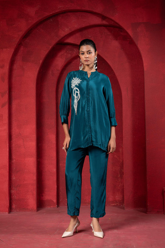 Juniper Teal Embellished Viscose Co-Ord Set With Bead Detailing - Swadesiicart