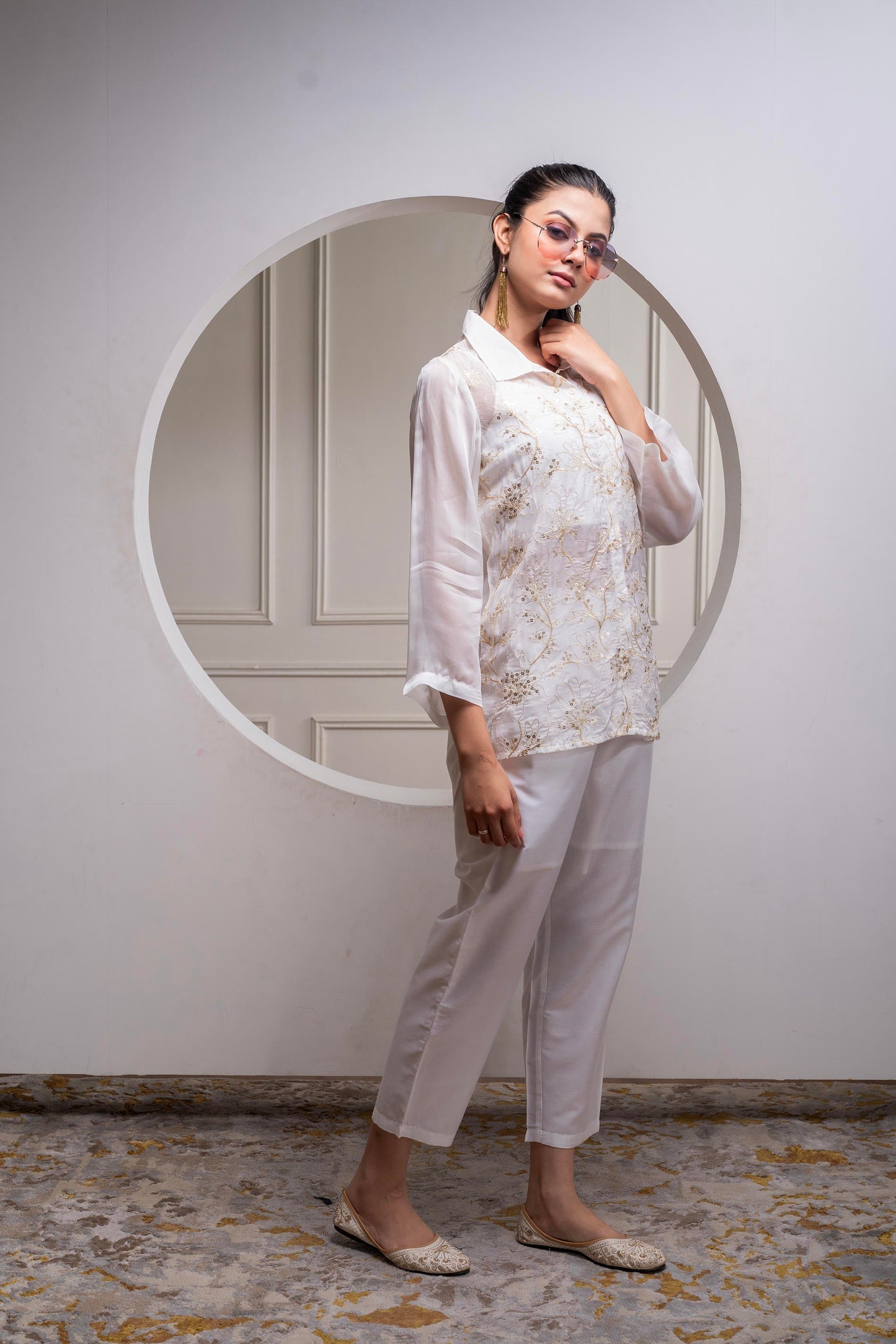Juniper Viscose Off White Embroidered Shirt, Cami & Pant Co-Ord Set With Zari Work - Swadesiicart