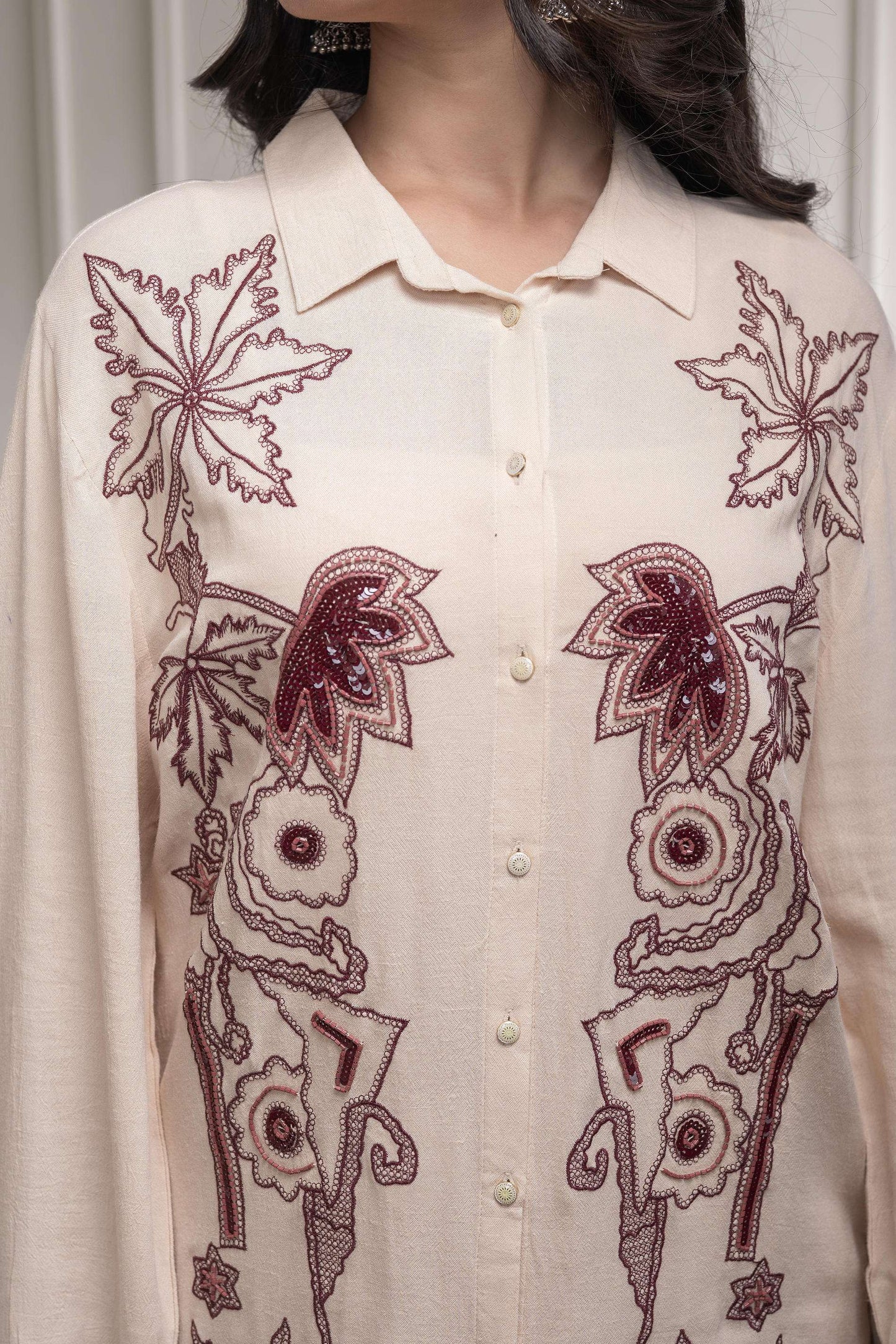 Juniper Viscose Linen Cream Maroon Embellished Shirt And Pant Co-Ord Set With Sequin & Bead Details - Swadesiicart