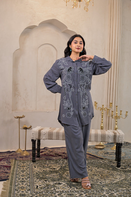 Juniper Viscose Linen Grey Embellished Shirt And Pant Co-Ord Set With Sequin & Bead Details - Swadesiicart