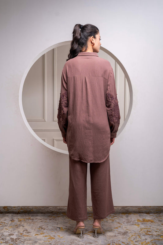 Juniper Brown Embellished Viscose Co-Ord Set With Bead Details - Swadesiicart