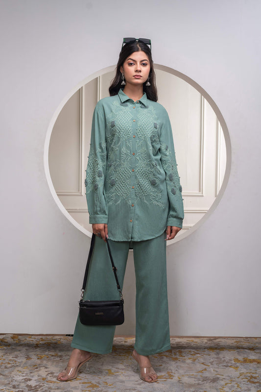 Juniper Sage Green Embellished Viscose Co-Ord Set With Bead Details - Swadesiicart
