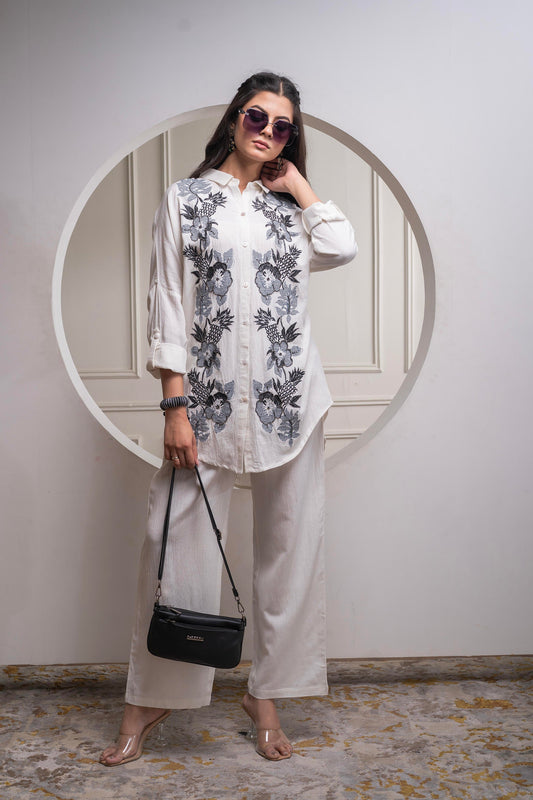 Juniper Viscose Linen Off White Embroidered Shirt And Pant Co-Ord Set With Thread Work - Swadesiicart