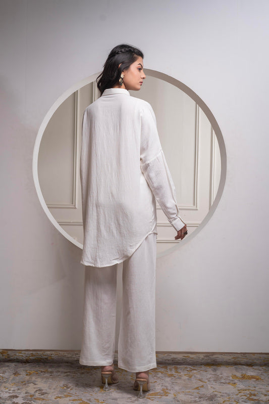 Juniper Viscose Linen Off White Embroidered Shirt And Pant Co-Ord Set With Thread Work - Swadesiicart