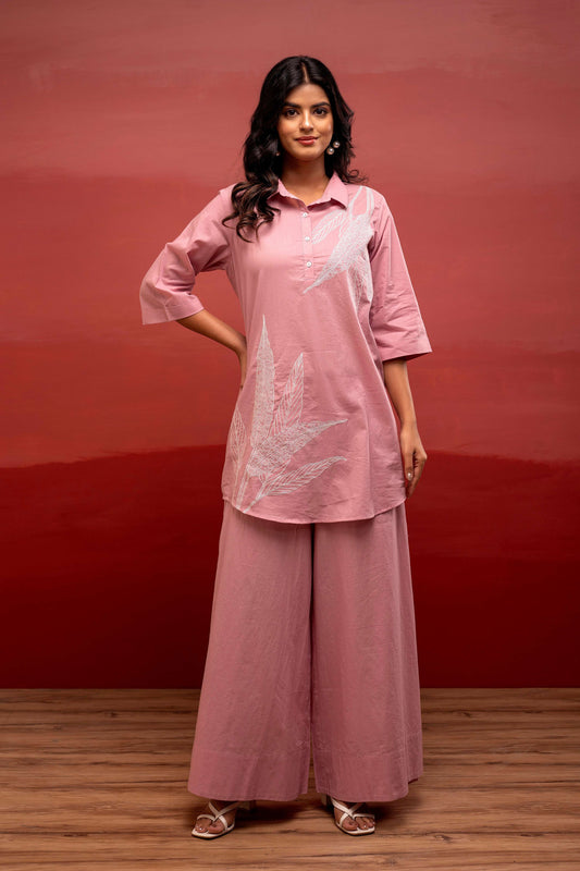 Juniper Onion Pink Solid Cotton Shirt And Pants Co-Ord Set With Thread Work - Swadesiicart