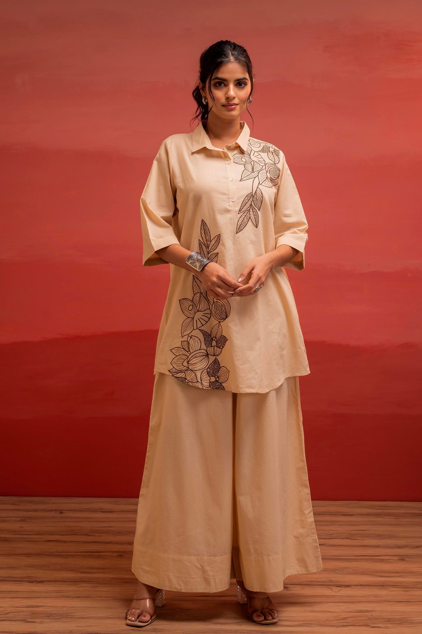 Juniper Beige Solid Cotton Shirt And Pants Co-Ord Set With Thread Work - Swadesiicart