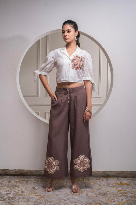 Juniper White & Brown Cotton-Viscose Embroidered Co-Ord Set With Thread Work & Lace - Swadesiicart