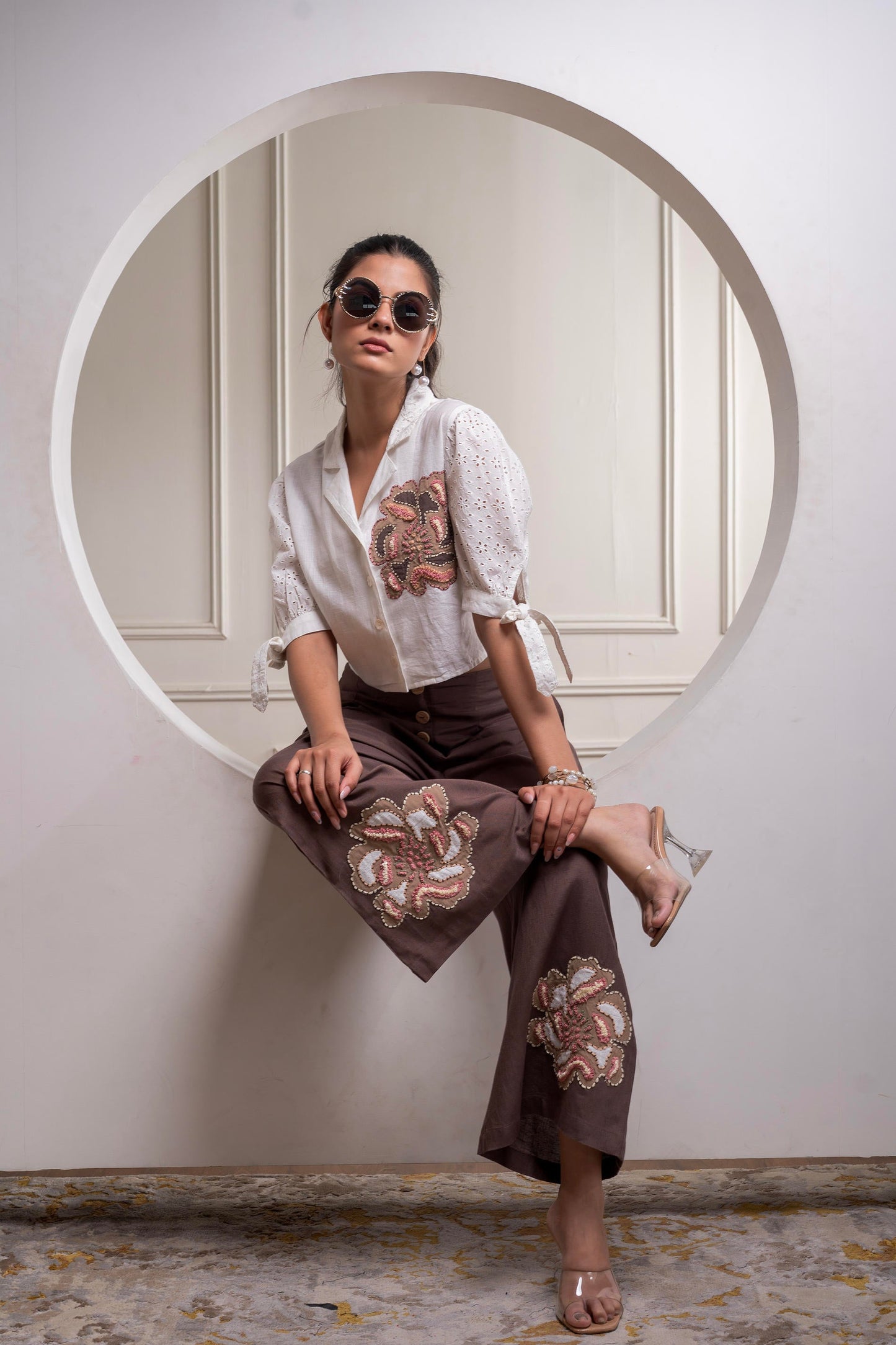 Juniper White & Brown Cotton-Viscose Embroidered Co-Ord Set With Thread Work & Lace - Swadesiicart