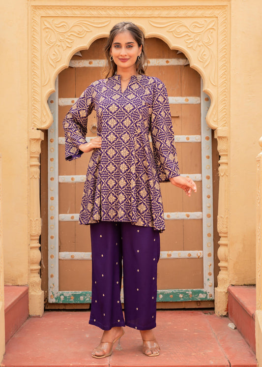 Juniper Purple Gold Geometric Printed Kurta With Pants - Swadesiicart