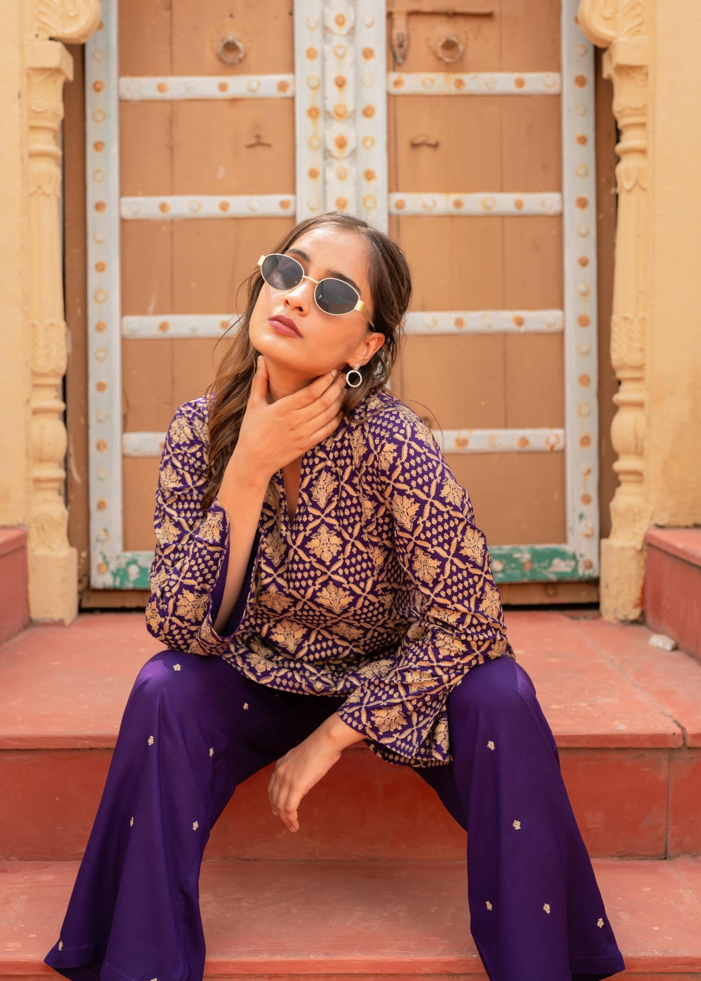 Juniper Purple Gold Geometric Printed Kurta With Pants - Swadesiicart