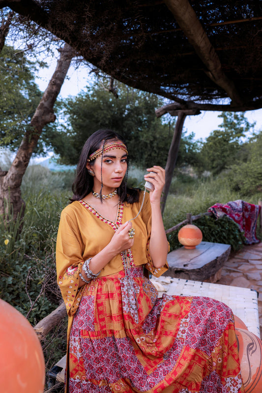 Juniper Mustard Floral Embroidered Co-Ord Set With Mirror & Thread Work - Swadesiicart