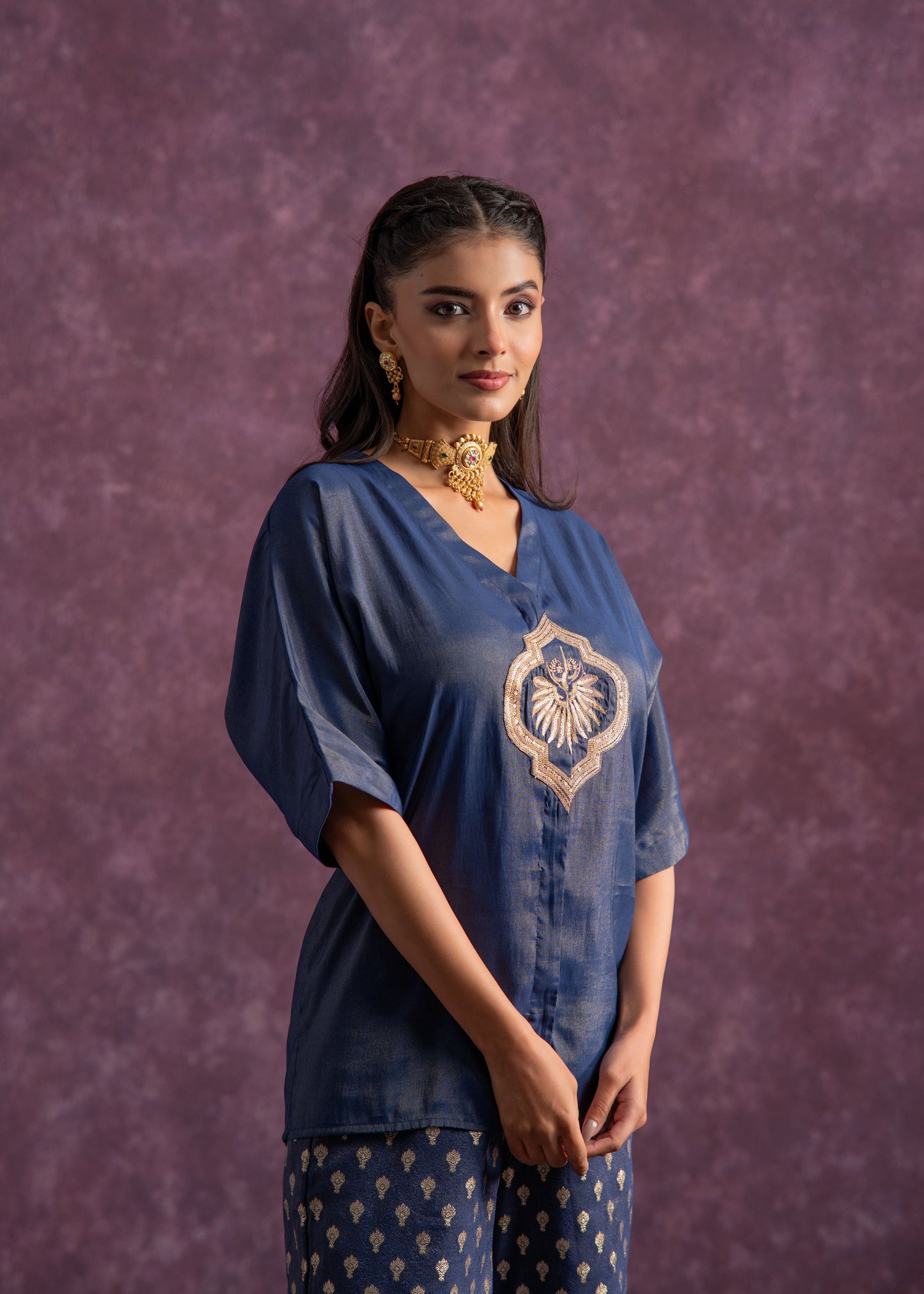 Juniper Indigo Viscose Solid A-Line Tunic With Pants Co-Ord Set With Zari & Sequence Work - Swadesiicart