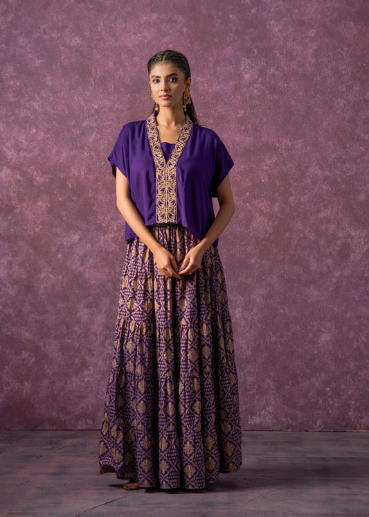 Juniper Purple Viscose Solid Top With Skirt Co-Ord Set With Mirror & Sequence Work - Swadesiicart