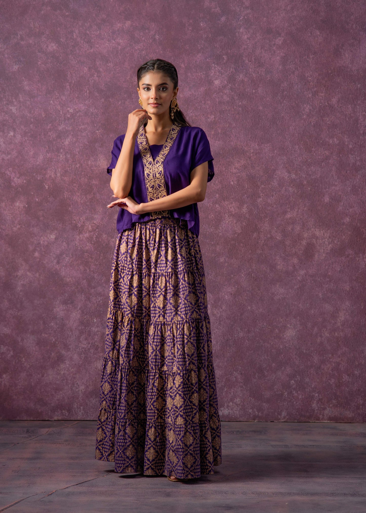 Juniper Purple Viscose Solid Top With Skirt Co-Ord Set With Mirror & Sequence Work - Swadesiicart