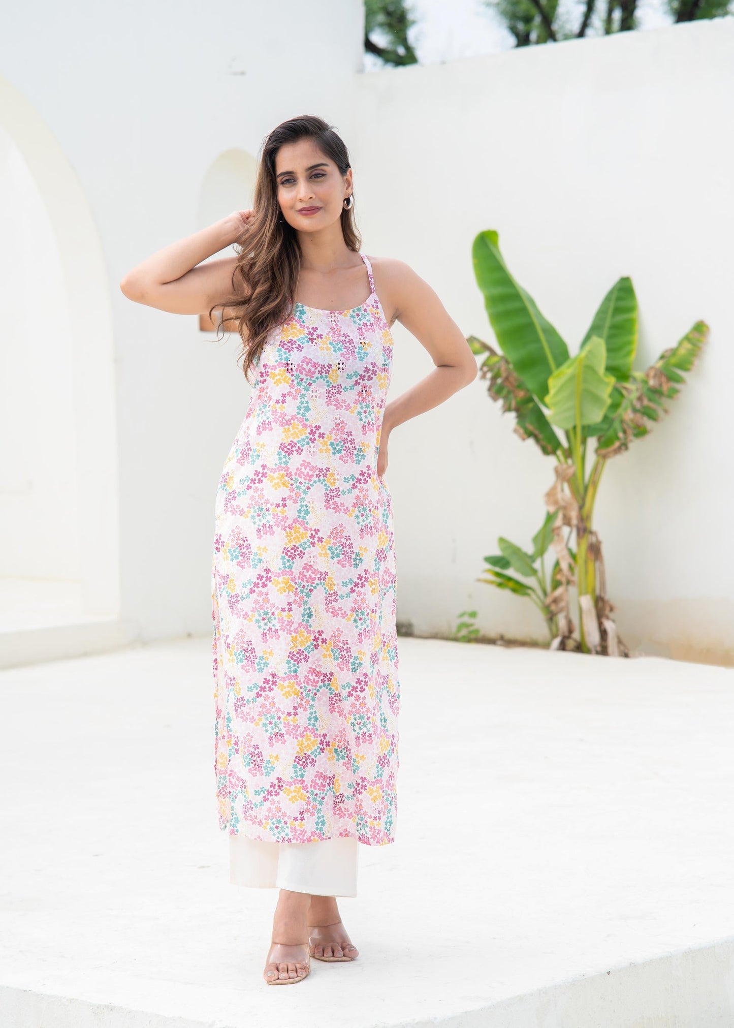 Juniper Pink Floral Printed Sleeveless Cotton Kurta - Swadesiicart