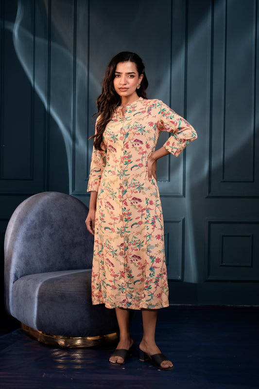 Juniper Peach Floral Printed Button-Down Viscose A-Line Kurta - Swadesiicart