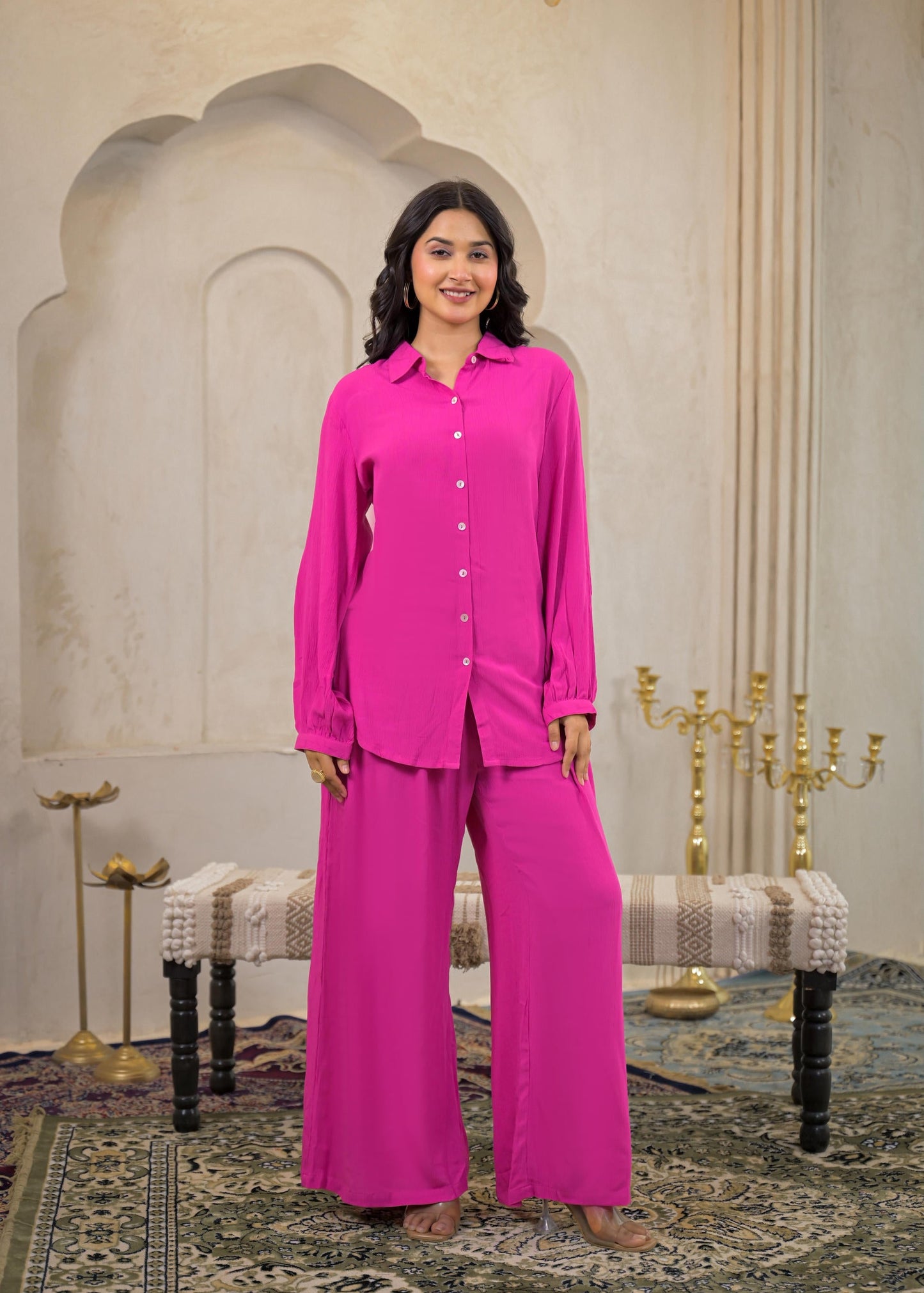Juniper Pink Viscose Co-Ord Set – Shirt & Palazzo With Parsley Waistband - Swadesiicart