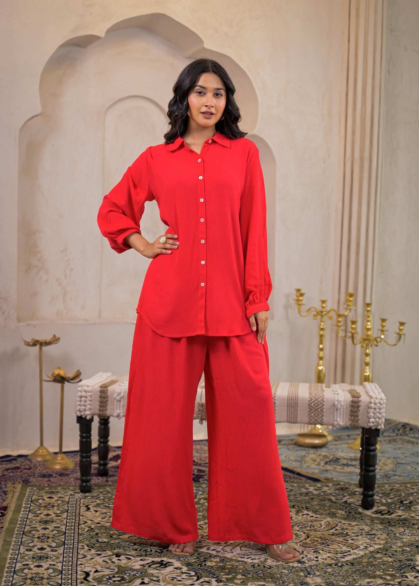 Juniper Red Viscose Co-Ord Set – Shirt & Palazzo With Parsley Waistband - Swadesiicart