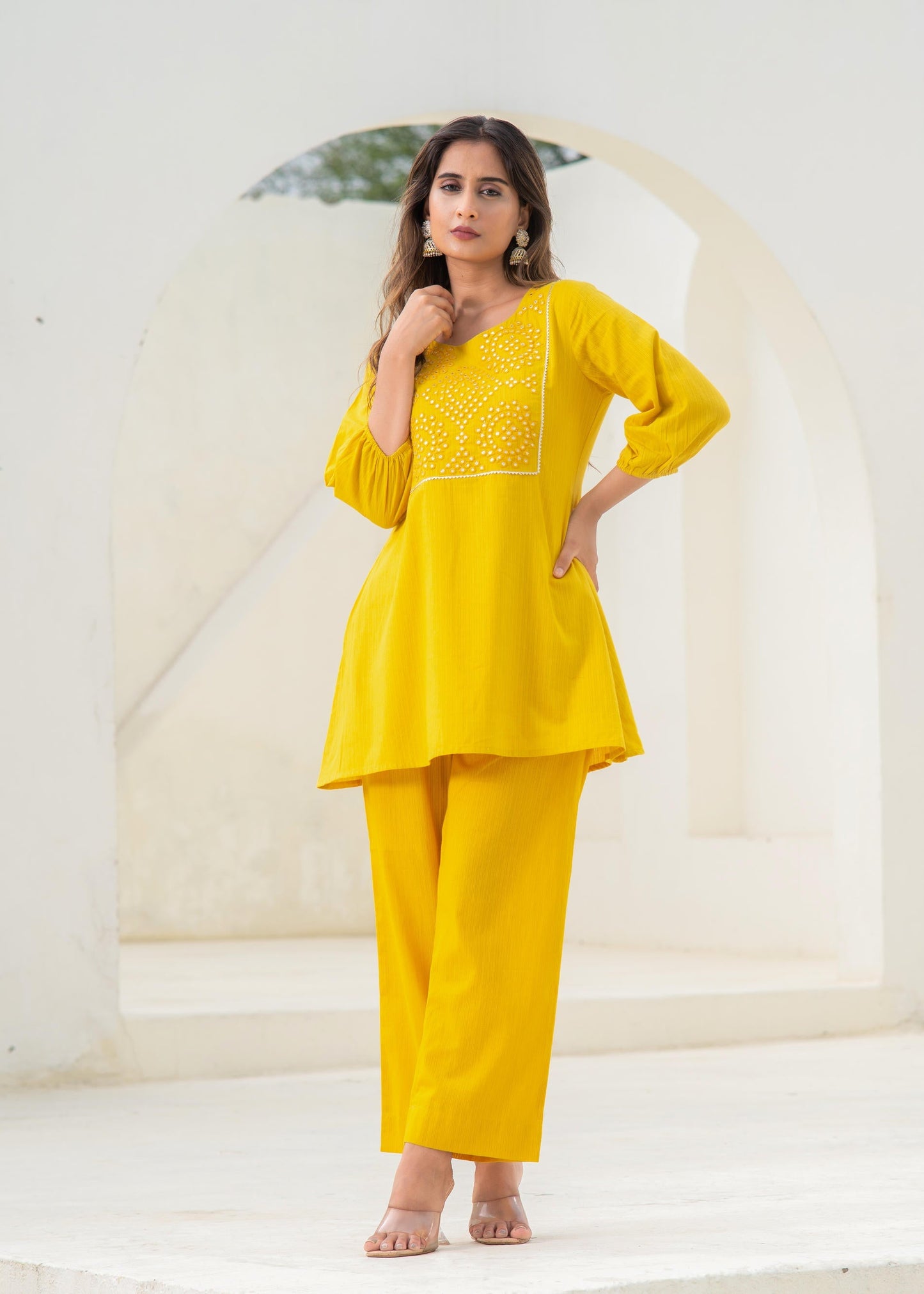Juniper Mustard Embroidered Cotton Kurta-Pant Co-Ord Set With Mirror & Thread Work - Swadesiicart