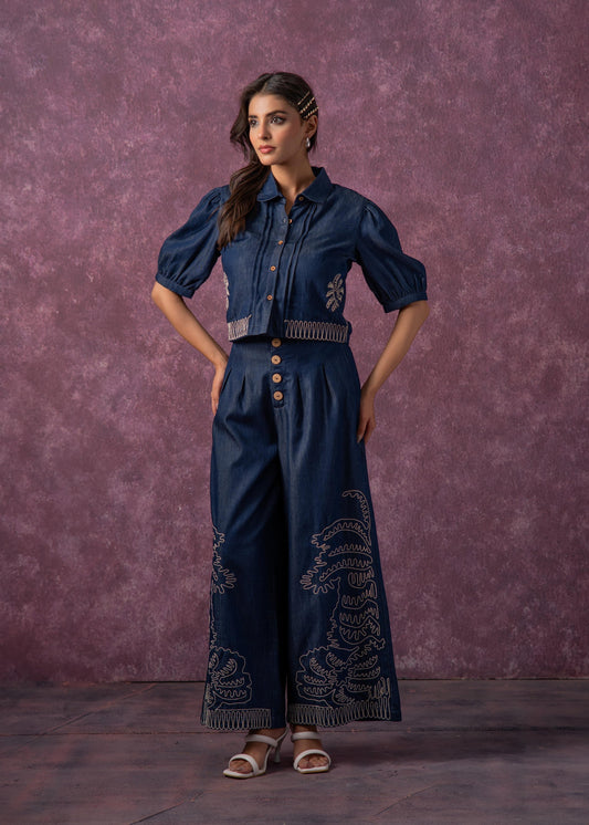 Juniper Embroidered Navy Blue Shirt & Straight Pants Co-Ord Set - Swadesiicart