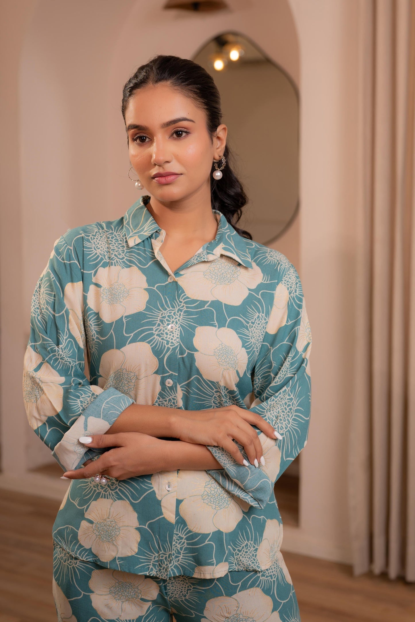 Juniper Women'S Mint Floral Printed Co-Ord Set With Button Details - Swadesiicart