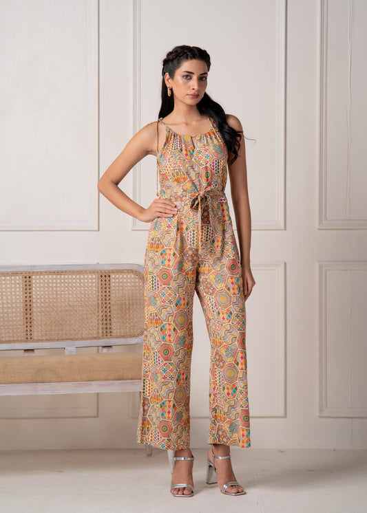 Juniper Multi Printed Abstract Viscose Jumpsuit With Belt - Swadesiicart