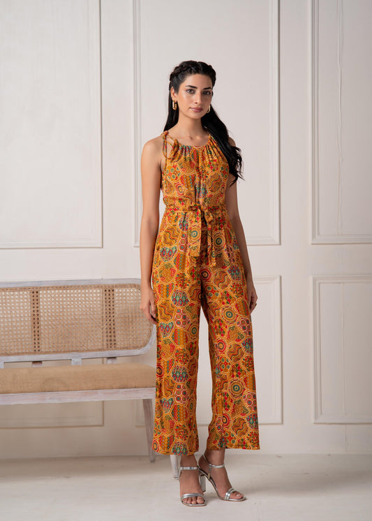 Juniper Mustard Printed Abstract Viscose Jumpsuit With Belt - Swadesiicart