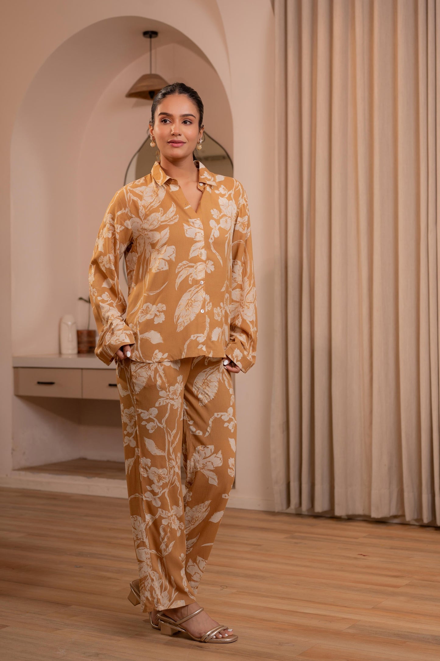 Juniper Mustard Floral Printed Co-Ord Set With Button Details - Swadesiicart