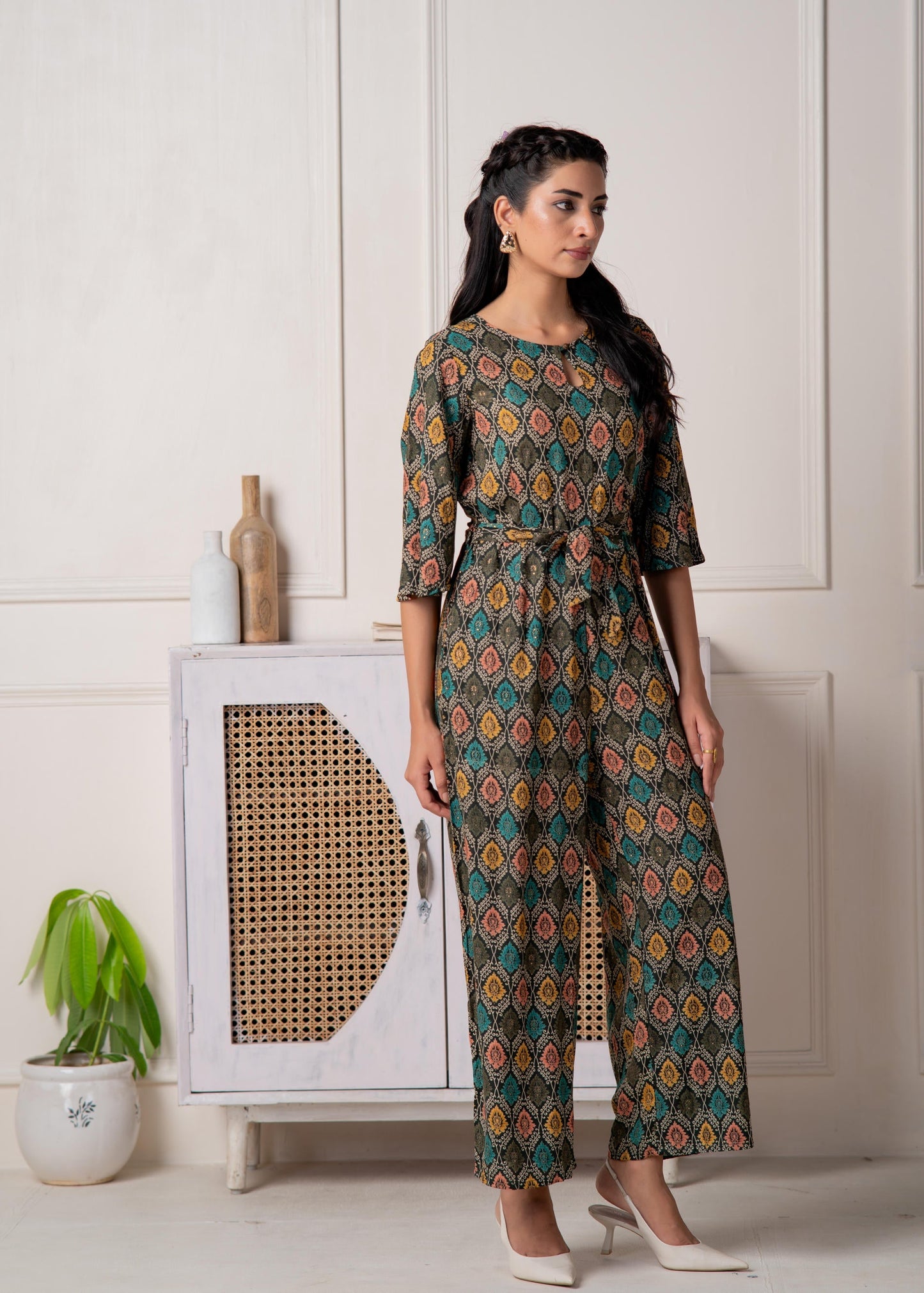 Juniper Green Floral Printed Viscose Jumpsuit With Belt - Swadesiicart