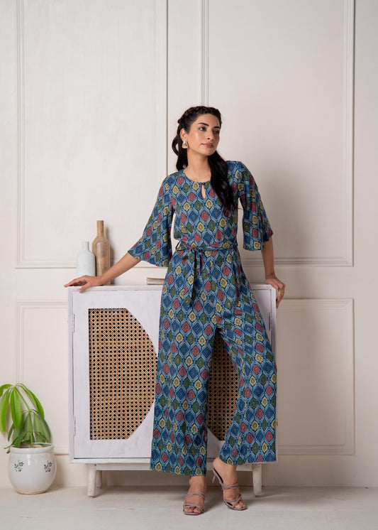 Juniper Teal Floral Printed Viscose Jumpsuit With Belt - Swadesiicart