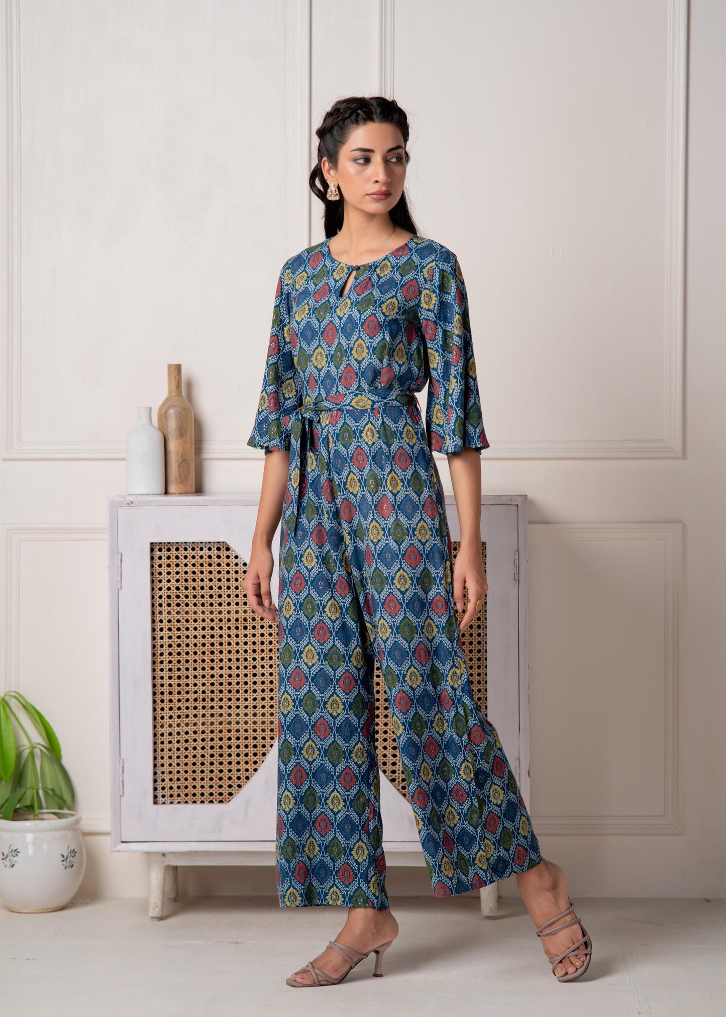 Juniper Teal Floral Printed Viscose Jumpsuit With Belt - Swadesiicart