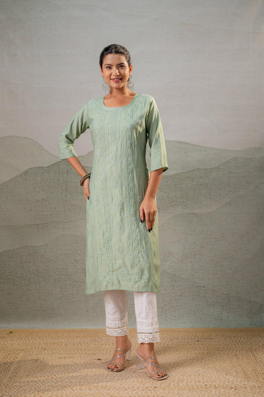 Juniper Pista Green Embroidered Kurta - Swadesiicart