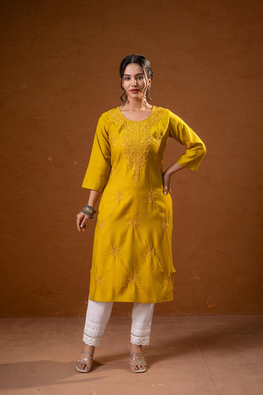 Juniper Mustard Tonal Sequin Embellished Straight Kurta Set - Swadesiicart