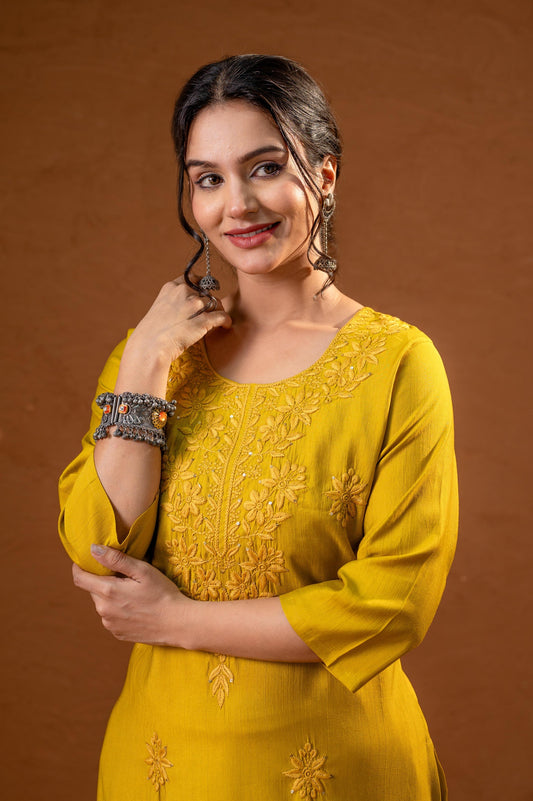 Juniper Mustard Tonal Sequin Embellished Straight Kurta Set - Swadesiicart