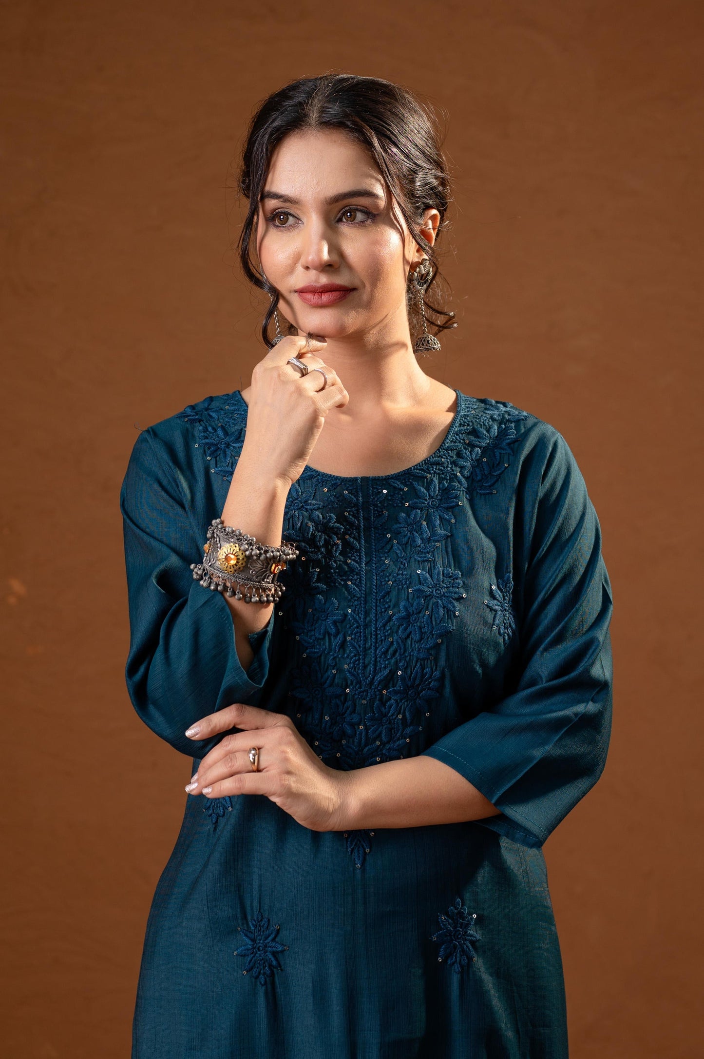 Juniper Teal Tonal Sequin Embellished Straight Kurta Set - Swadesiicart