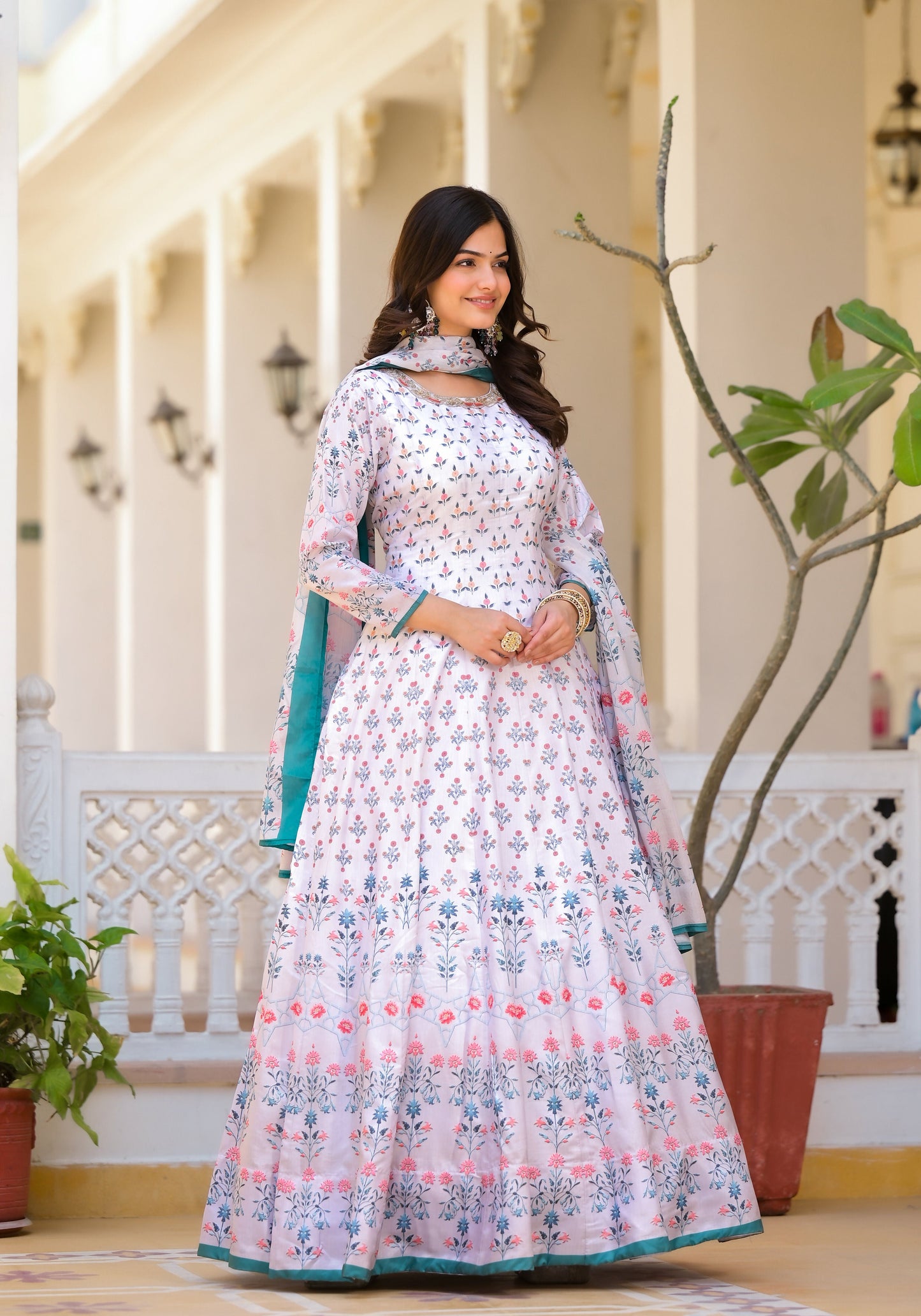 Partywear Designer White Dola Silk Anarkali suit with Dupatta- Samyukta - Swadesiicart