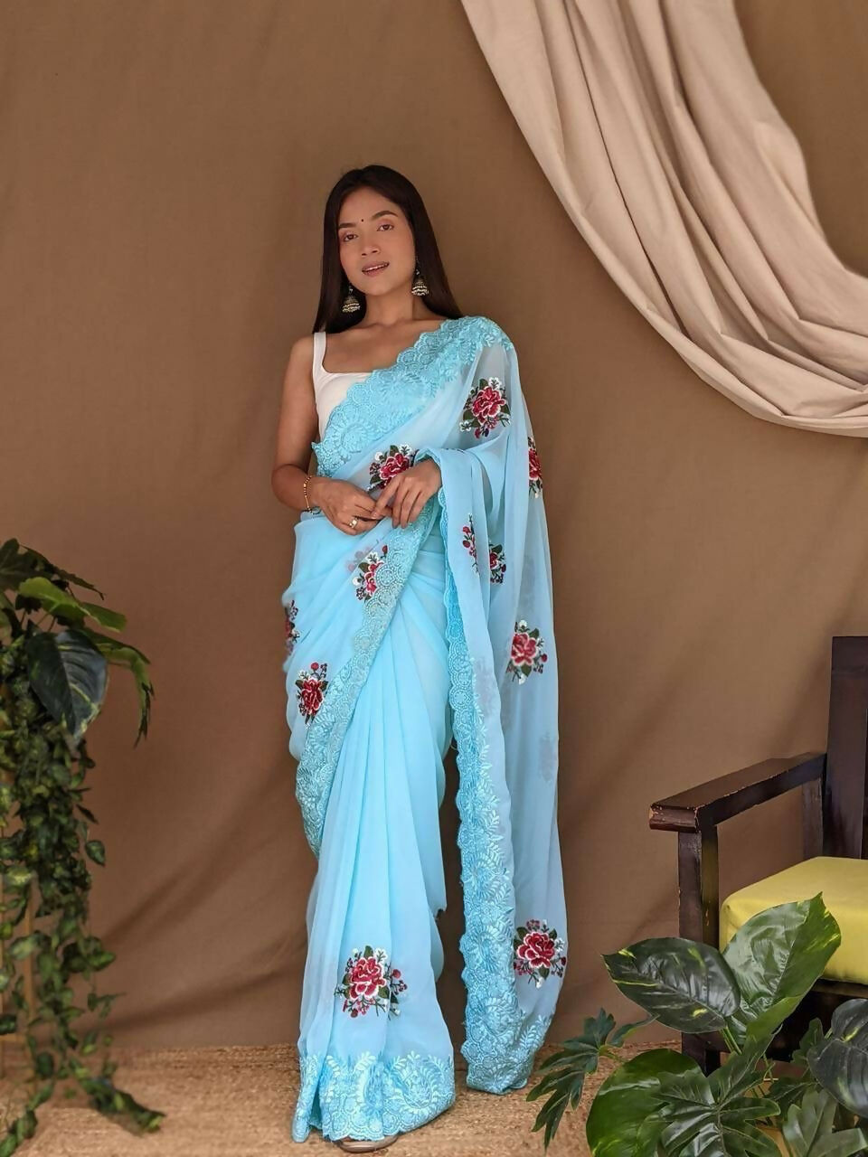 Vamsee Fana Sky Georgette Silk Saree - Swadesiicart