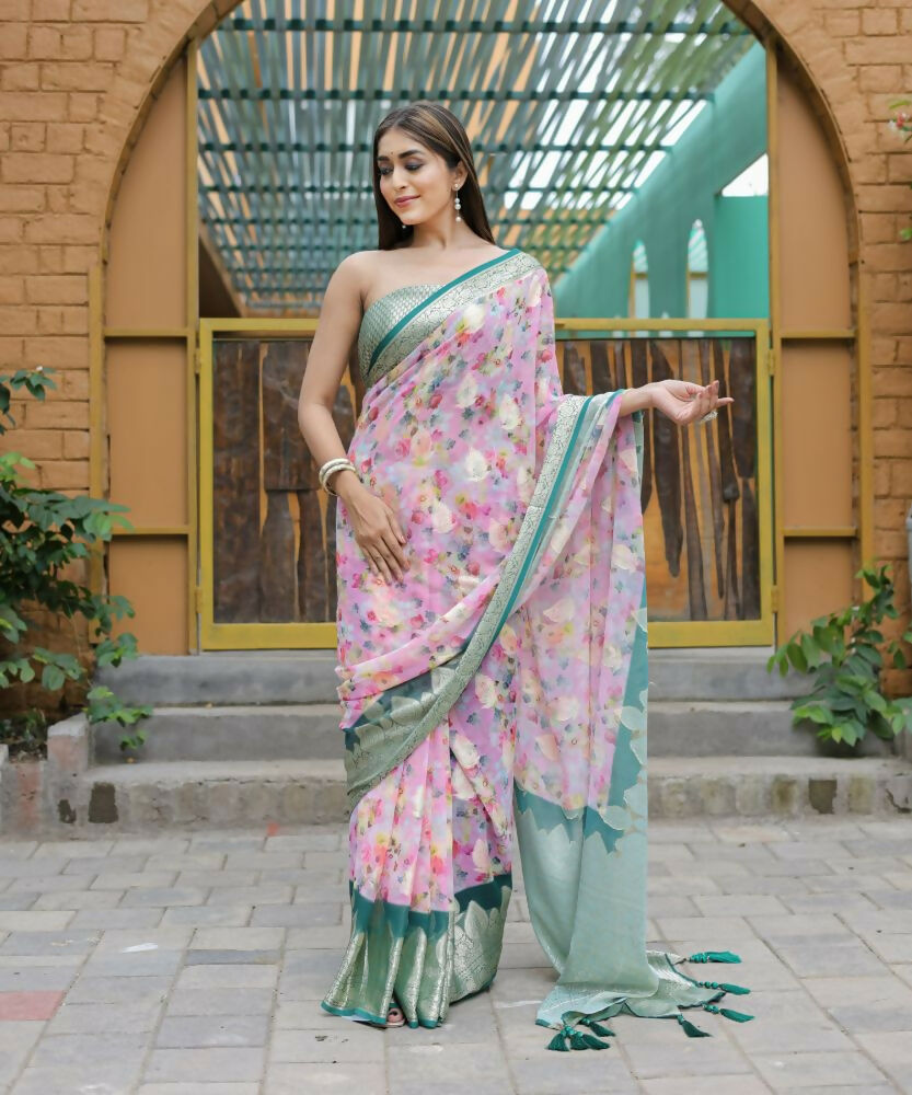 Vamsee Dhruvini Pink Georgette Saree - Swadesiicart