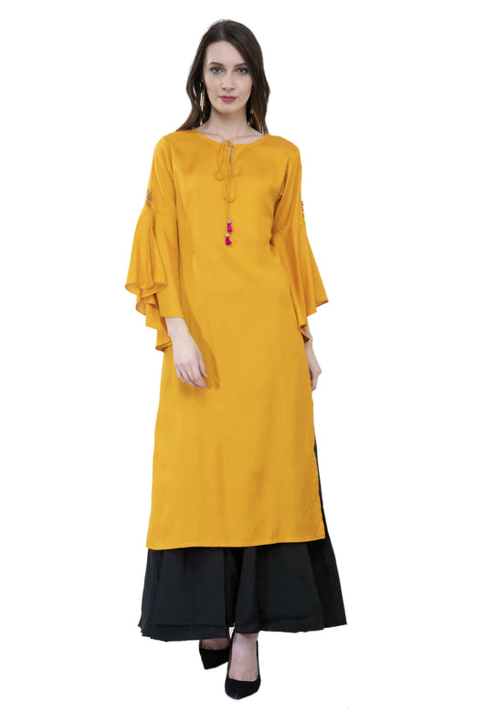 Women's Mustard Round Neck Kurti With Front Neck Opening And Dori, Flared Sleeves - G & A Apparels | Swadesiicart